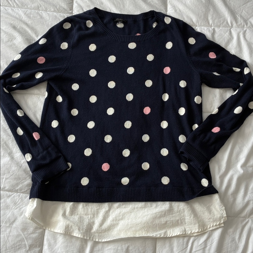 Talbot medium navy polka dot sweater with shirttail bottom.